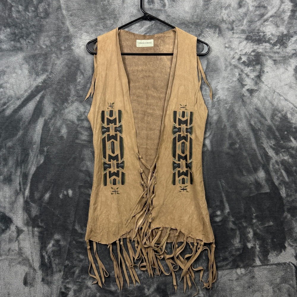 Linda Harris Suede Leather Vest Womens Tan Painted Southwestern Fringe Boho
